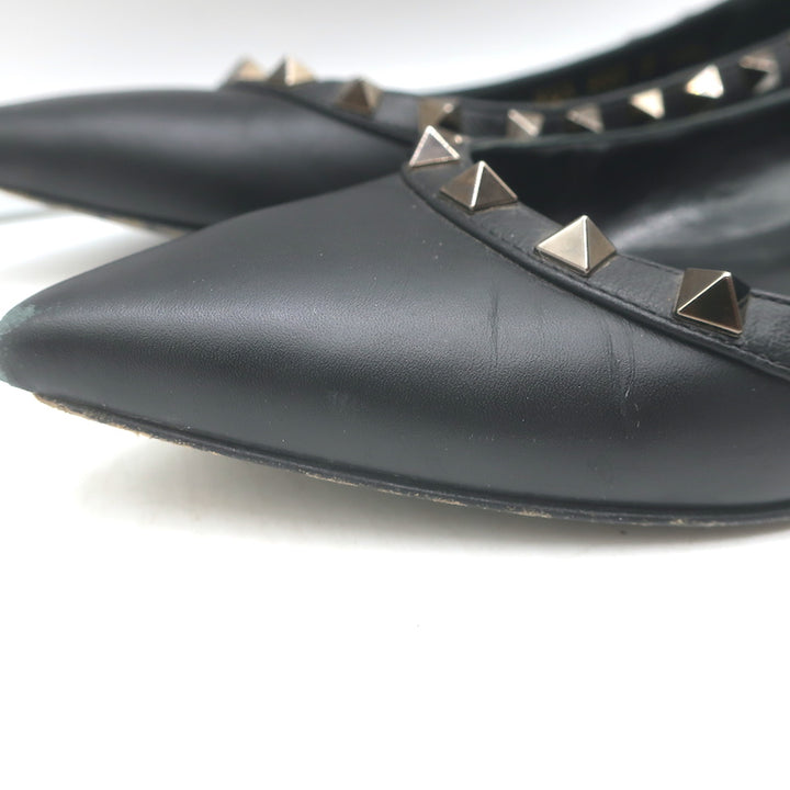Valentino Noir Rockstud pointed-toe ballet flats in black leather with signature studs, pre-owned.