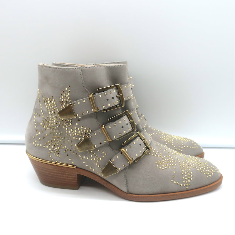 Chloe Susanna Studded Ankle Boots Ash Gray Suede Size 36 Buckle Booties NEW