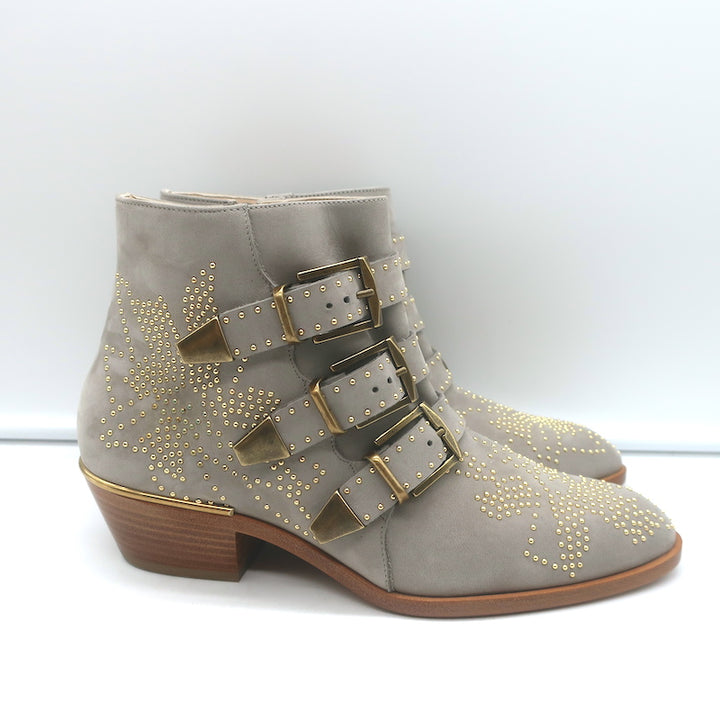 Chloe Susanna Studded Ankle Boots Ash Gray Suede Size 36 Buckle Booties NEW
