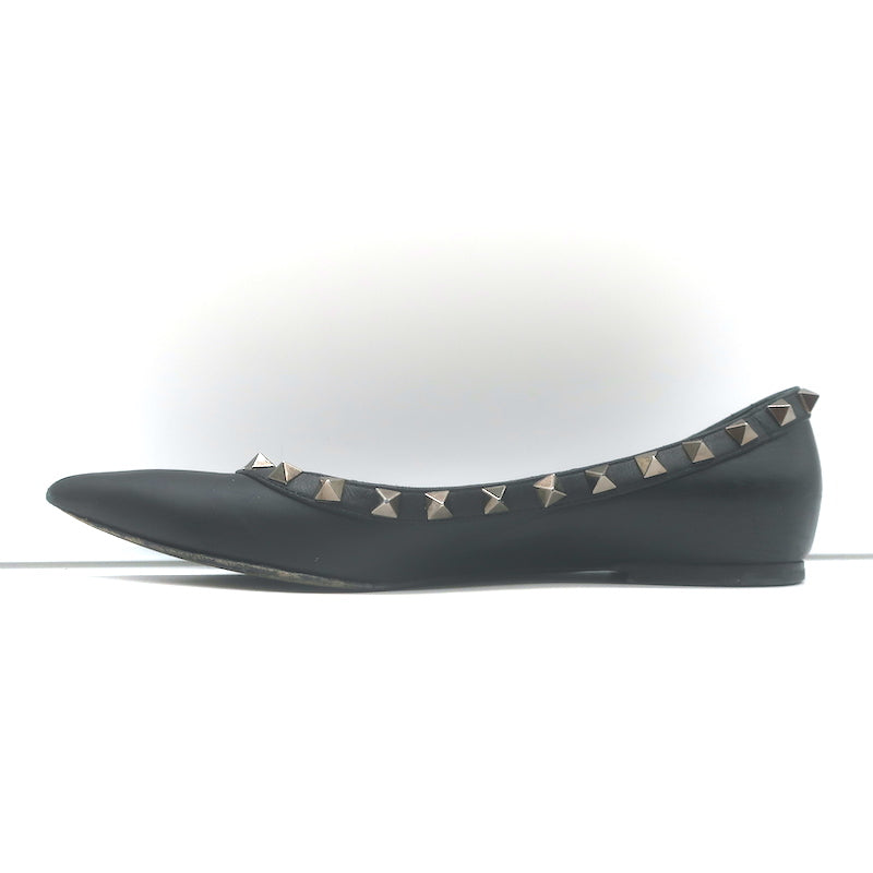 Valentino Noir Rockstud pointed-toe ballet flats, black leather, authentic pre-owned with light wear, size 35.5