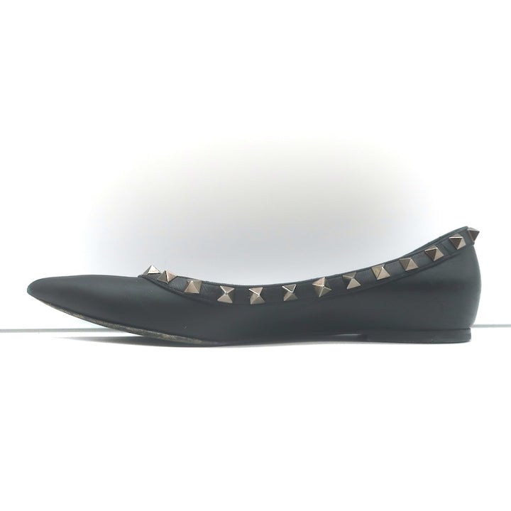 Valentino Noir Rockstud pointed-toe ballet flats, black leather, authentic pre-owned with light wear, size 35.5