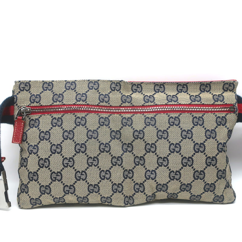 Gucci GG Supreme Double Pocket Belt Bag Beige Canvas &amp; Red Leather Crossbody