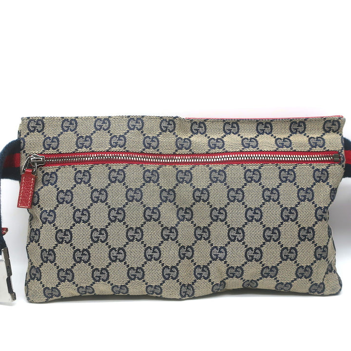 Gucci GG Supreme Double Pocket Belt Bag Beige Canvas &amp; Red Leather Crossbody