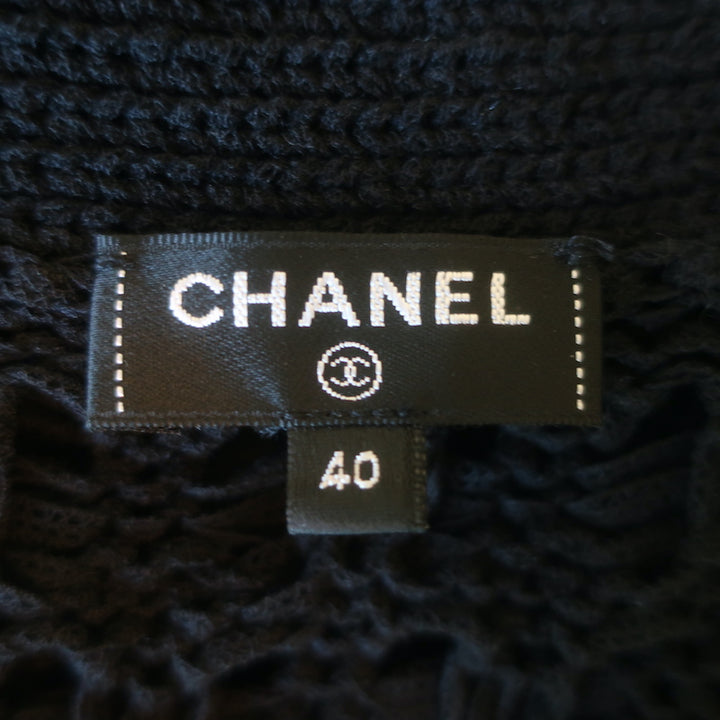 Chanel 20P Intarsia Knit Short Sleeve Long Cardigan Black Cotton-Hemp Size 40