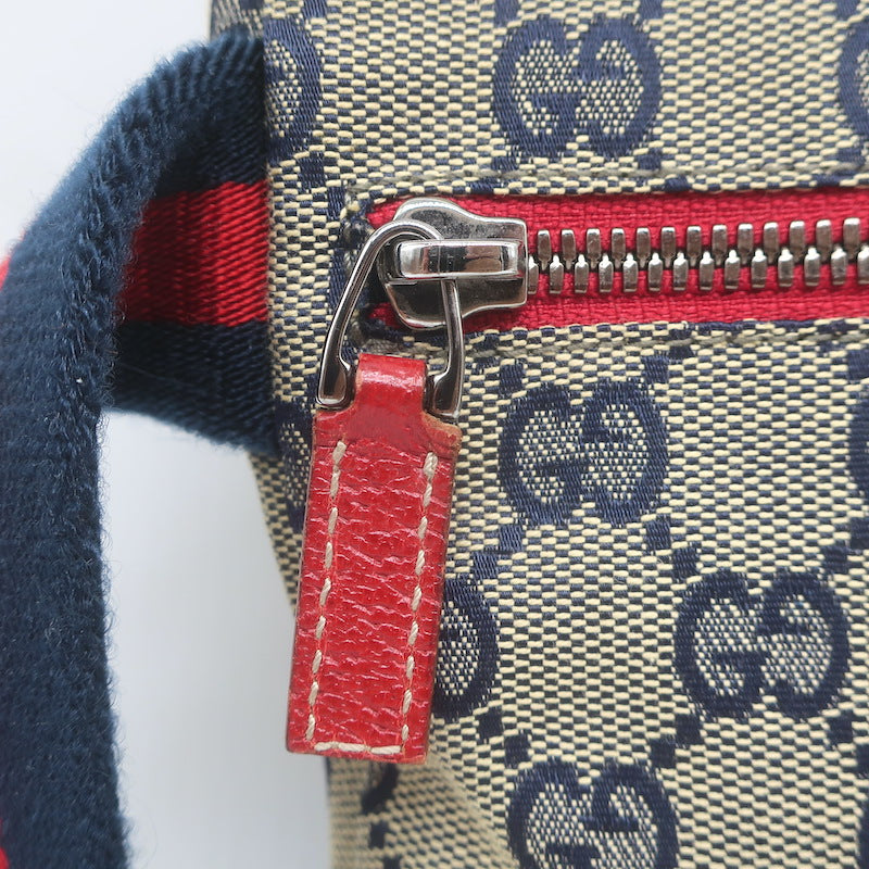 Gucci GG Supreme Double Pocket Belt Bag Beige Canvas &amp; Red Leather Crossbody