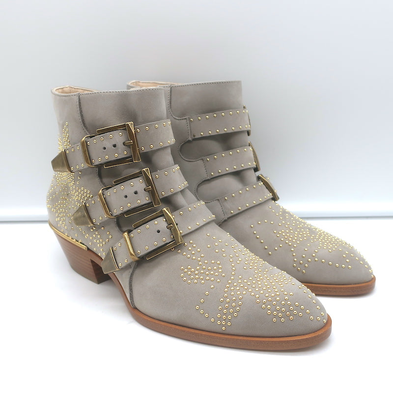 Chloe Susanna Studded Ankle Boots Ash Gray Suede Size 36 Buckle Booties NEW
