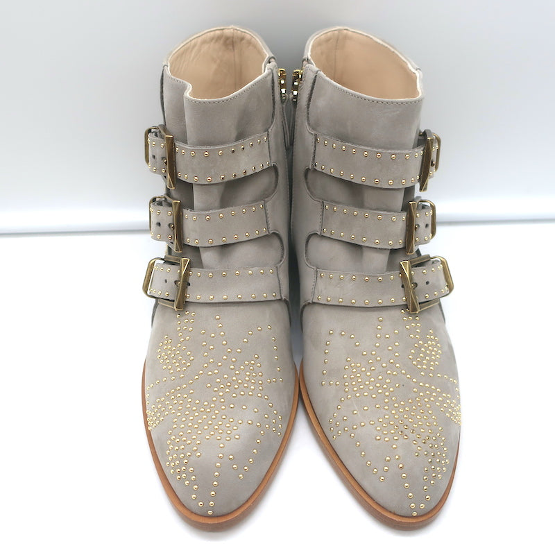 Chloe Susanna Studded Ankle Boots Ash Gray Suede Size 36 Buckle Booties NEW