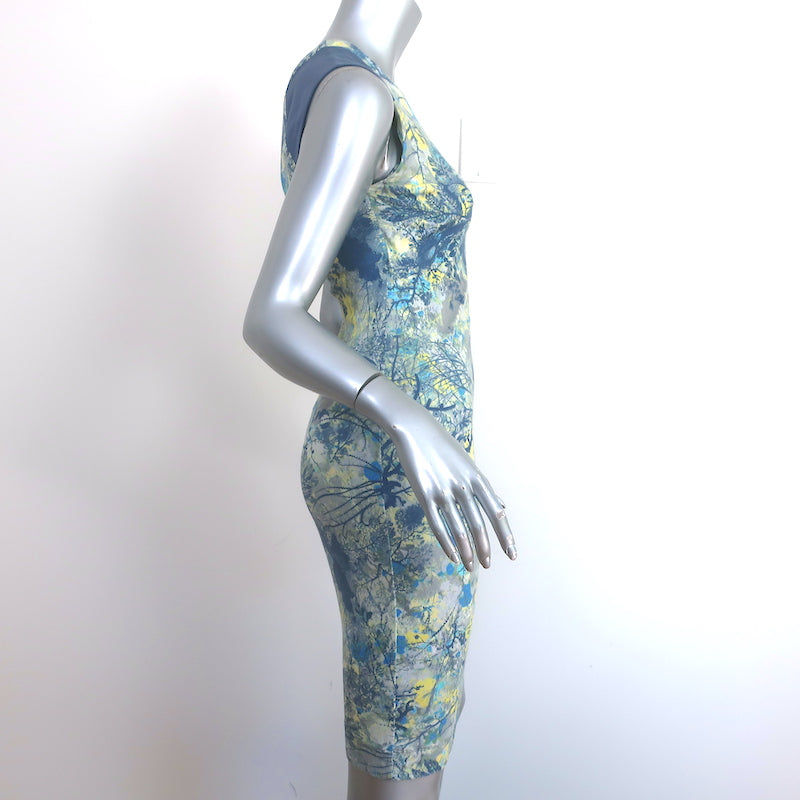 Erdem Sleeveless Mini Dress Gray/Blue Tree Print Stretch Jersey Size US 2