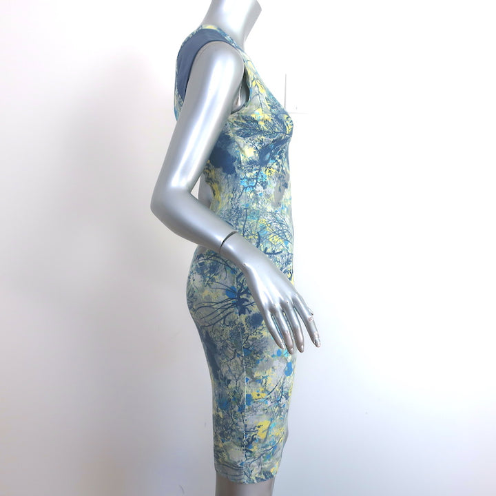 Erdem Sleeveless Mini Dress Gray/Blue Tree Print Stretch Jersey Size US 2