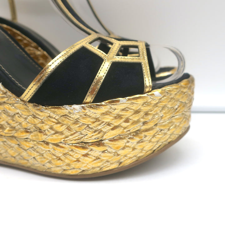 Sergio Rossi Espadrille Wedge Sandals Easy Puzzle Black Cutout Suede Size 37.5