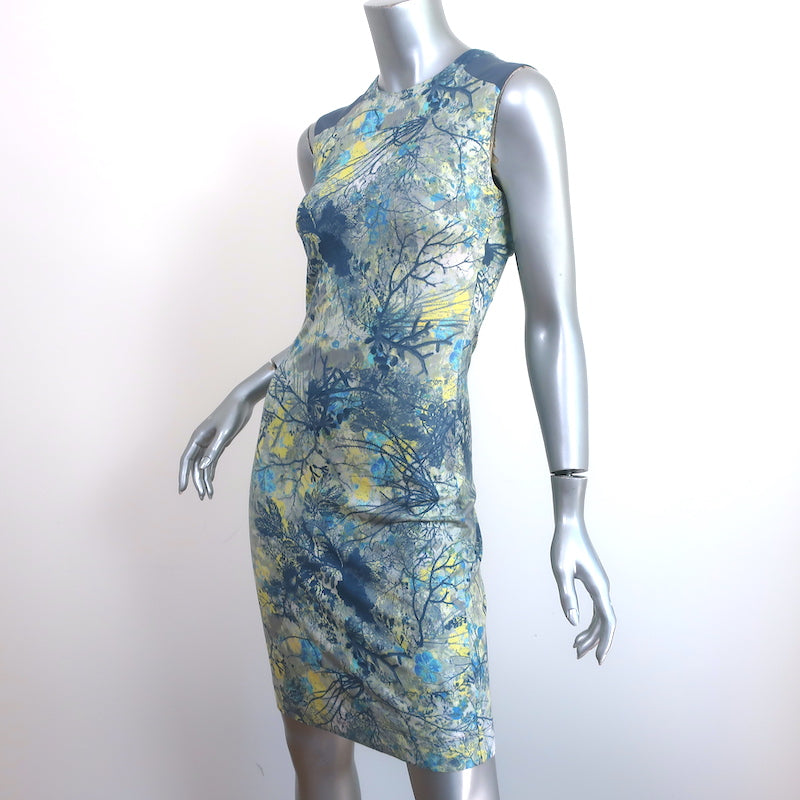 Erdem Sleeveless Mini Dress Gray/Blue Tree Print Stretch Jersey Size US 2