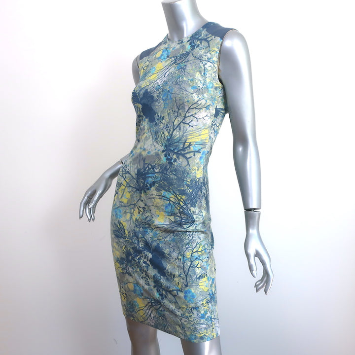 Erdem Sleeveless Mini Dress Gray/Blue Tree Print Stretch Jersey Size US 2