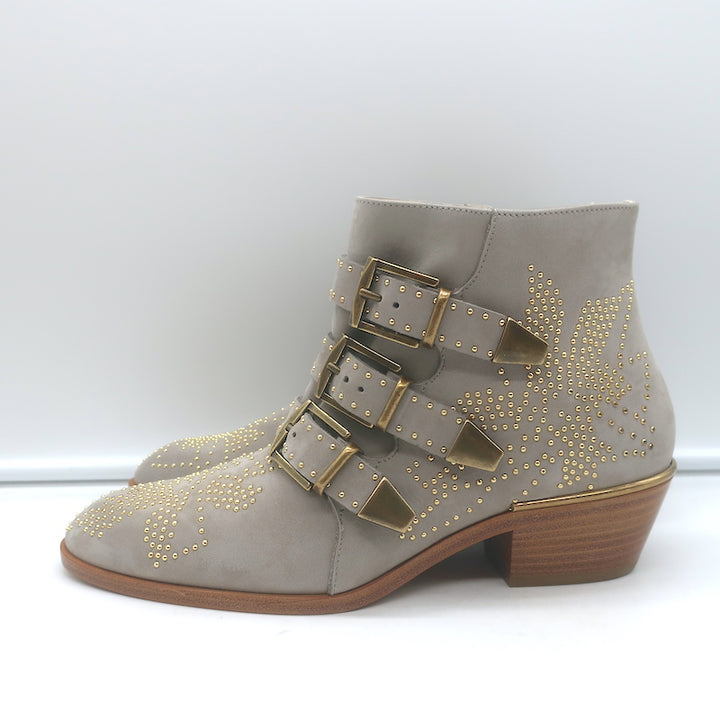 Chloe Susanna Studded Ankle Boots Ash Gray Suede Size 36 Buckle Booties NEW