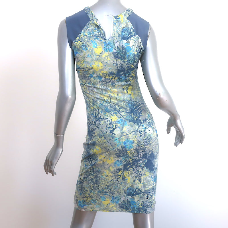 Erdem Sleeveless Mini Dress Gray/Blue Tree Print Stretch Jersey Size US 2