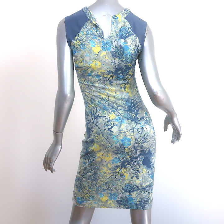 Erdem Sleeveless Mini Dress Gray/Blue Tree Print Stretch Jersey Size US 2