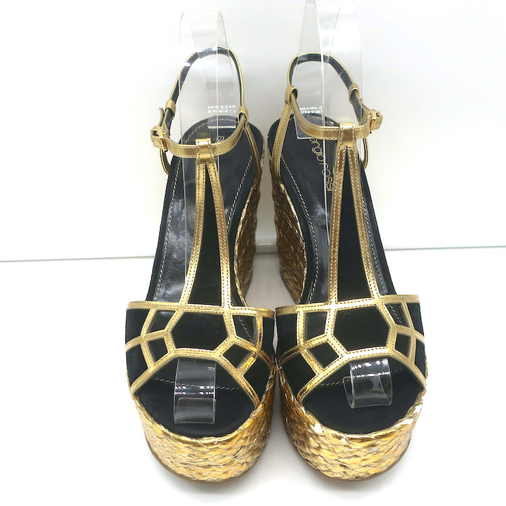 Sergio Rossi Espadrille Wedge Sandals Easy Puzzle Black Cutout Suede Size 37.5