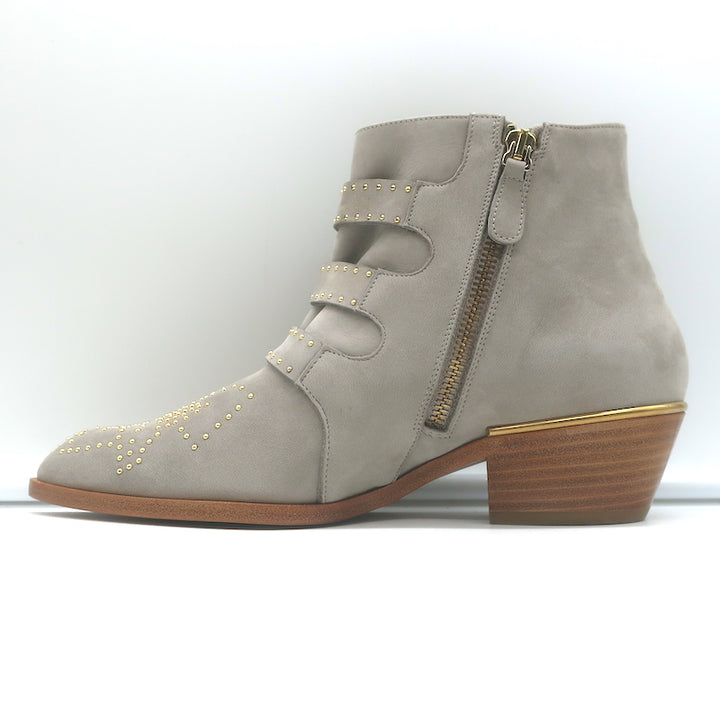 Chloe Susanna Studded Ankle Boots Ash Gray Suede Size 36 Buckle Booties NEW