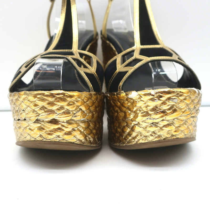 Sergio Rossi Espadrille Wedge Sandals Easy Puzzle Black Cutout Suede Size 37.5