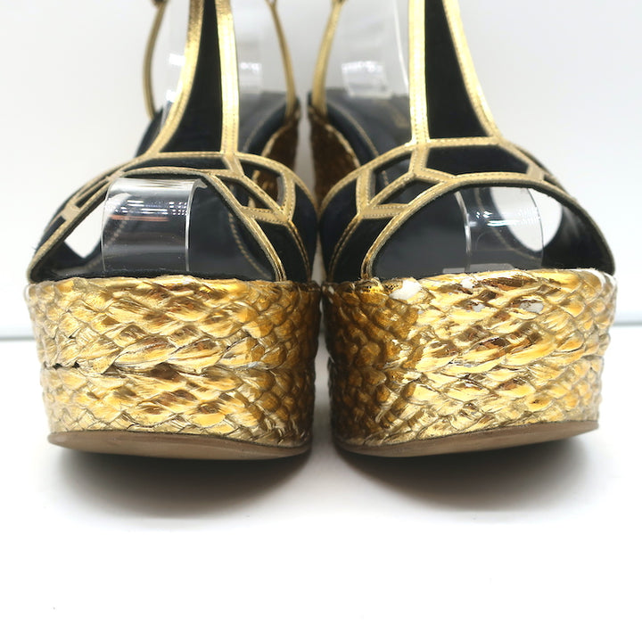 Sergio Rossi Espadrille Wedge Sandals Easy Puzzle Black Cutout Suede Size 37.5