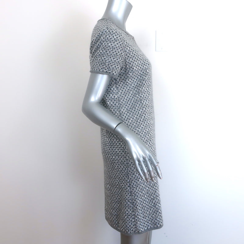 Chanel Allover Crystal Short Sleeve Sweater Dress Silver Angora-Silk Size 40