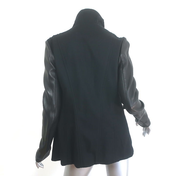 Barbara Bui Leather-Sleeve Draped Jacket Black Wool-Blend Size 42