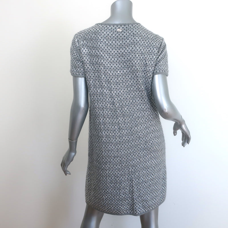 Chanel Allover Crystal Short Sleeve Sweater Dress Silver Angora-Silk Size 40