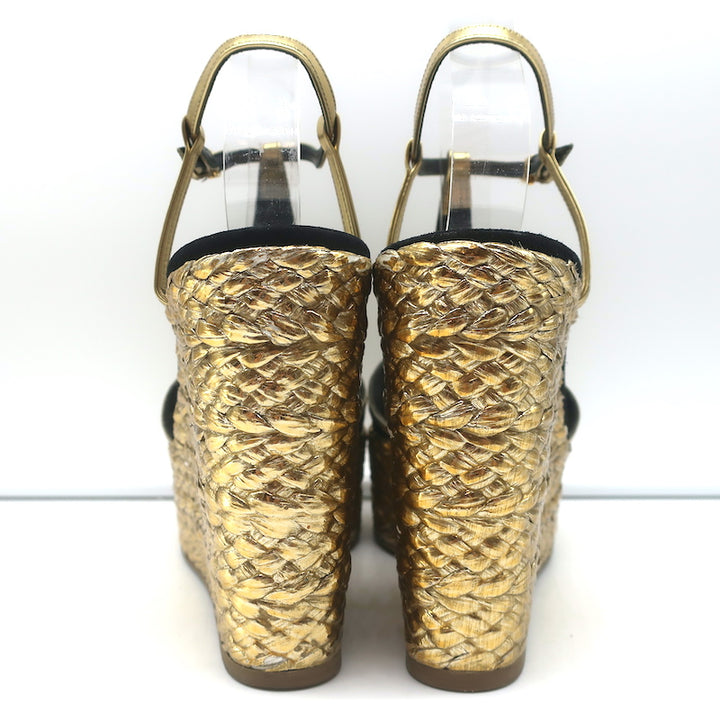 Sergio Rossi Espadrille Wedge Sandals Easy Puzzle Black Cutout Suede Size 37.5