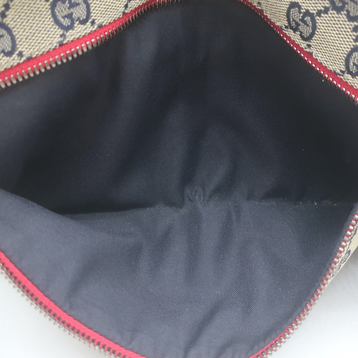 Gucci GG Supreme Double Pocket Belt Bag Beige Canvas &amp; Red Leather Crossbody