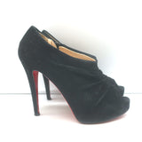Christian Louboutin Treopli 120 peep-toe booties, black ruched suede, pre-owned with elegant wear detailing