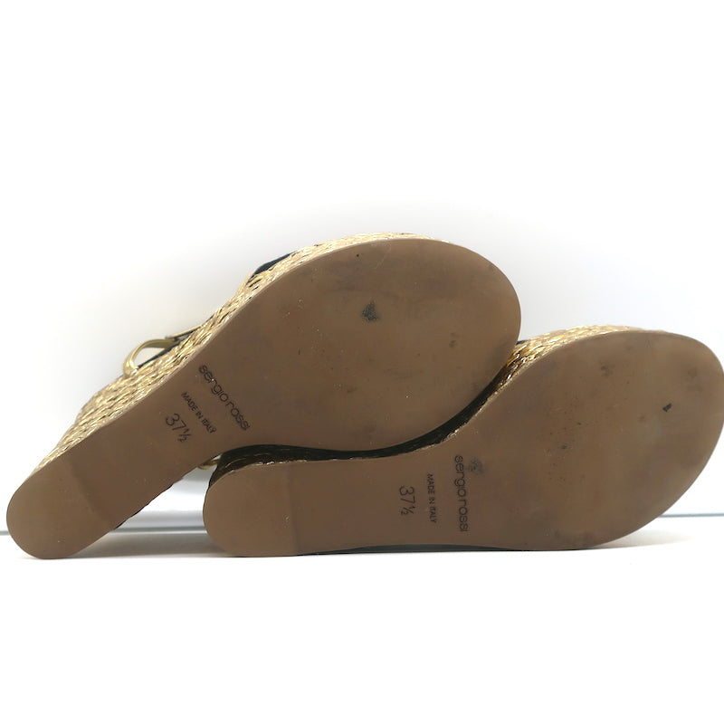 Sergio Rossi Espadrille Wedge Sandals Easy Puzzle Black Cutout Suede Size 37.5