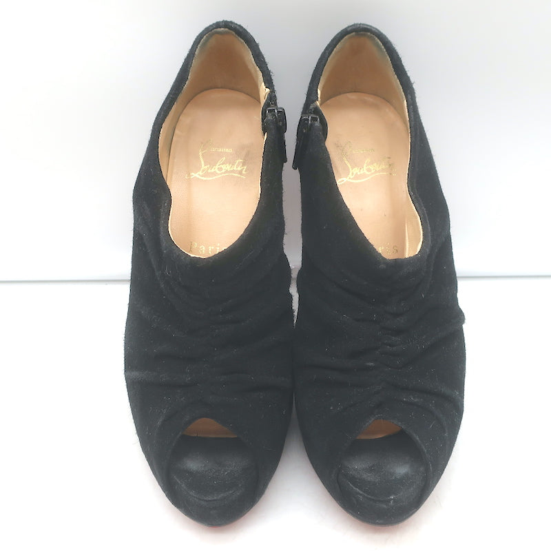 Christian Louboutin Treopli 120 peep-toe booties in black ruched suede, pre-owned with elegant vintage wear
