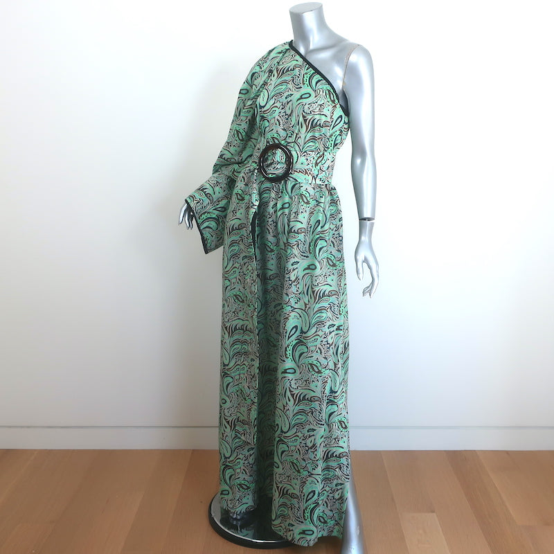 Nackiye Great Escape One Shoulder Maxi Dress Aqua Paisley Print Cotton Size 38