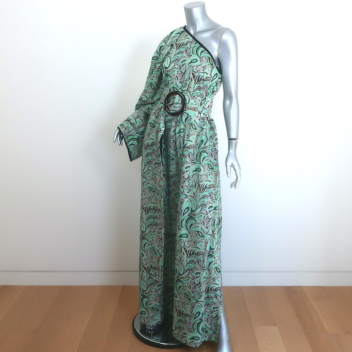 Nackiye Great Escape One Shoulder Maxi Dress Aqua Paisley Print Cotton Size 38