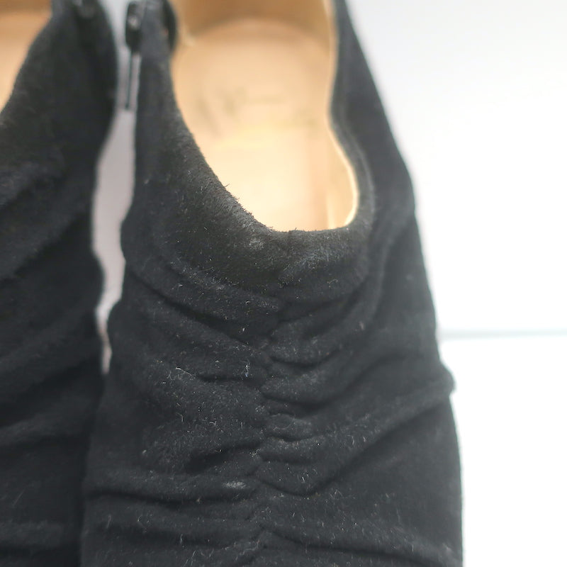 Christian Louboutin Treopli 120 peep-toe booties in black ruched suede, pre-owned with gentle wear for authentic luxury