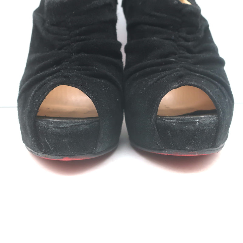 Christian Louboutin Treopli 120 peep toe booties in black ruched suede, pre-owned luxury with subtle wear