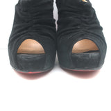 Christian Louboutin Treopli 120 peep toe booties in black ruched suede, pre-owned luxury with subtle wear