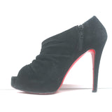 Christian Louboutin Treopli 120 peep-toe booties, black ruched suede, authentic pre-owned with light wear.