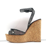 CH Carolina Herrera Cork Platform Sandals Black Lace Size 37 Ankle Strap Wedge