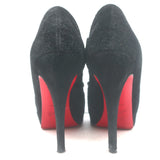 Christian Louboutin Treopli 120 peep-toe booties in black ruched suede, authentic pre-owned