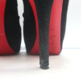 Christian Louboutin Treopli 120 peep-toe booties, black ruched suede, pre-owned with subtle wear and luxe character