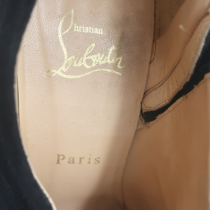 Christian Louboutin Treopli 120 peep-toe booties in black ruched suede, luxury pre-owned with light wear