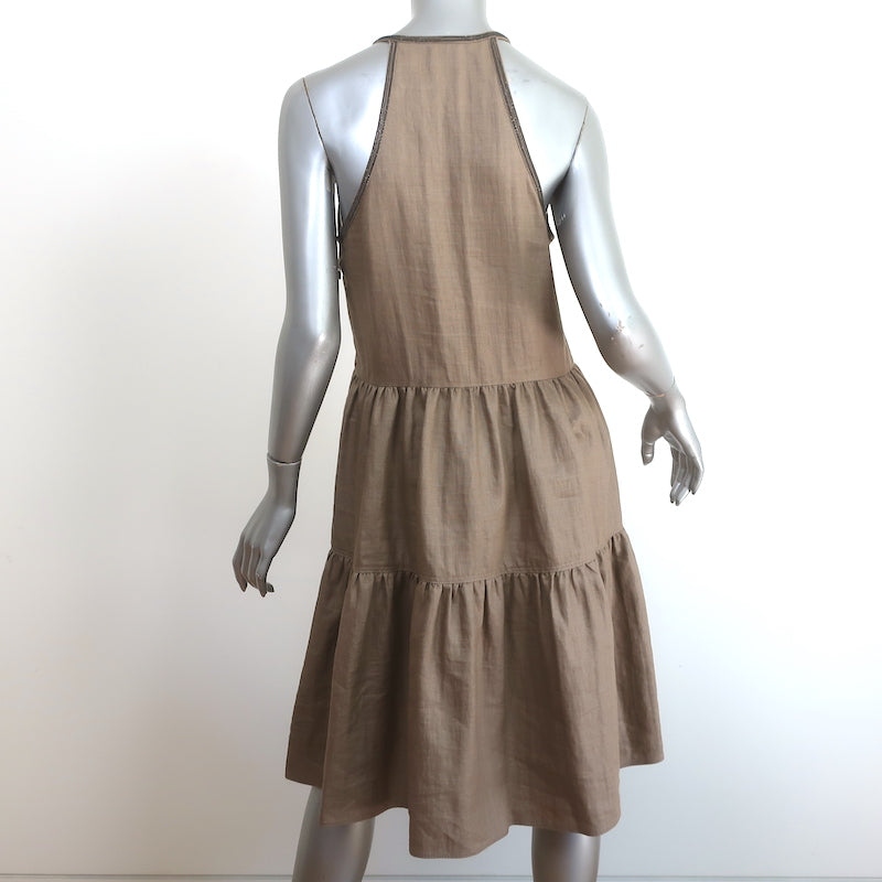 Brunello Cucinelli Monili-Trim Tiered Dress Brown Linen Blend Size Medium