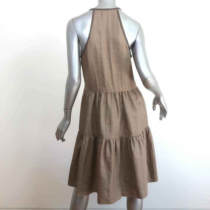 Brunello Cucinelli Monili-Trim Tiered Dress Brown Linen Blend Size Medium