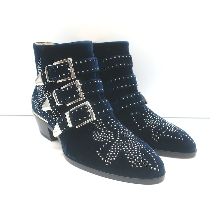 Chloe Susanna Studded Velvet Ankle Boots Navy Size 35.5 Buckle Booties NEW
