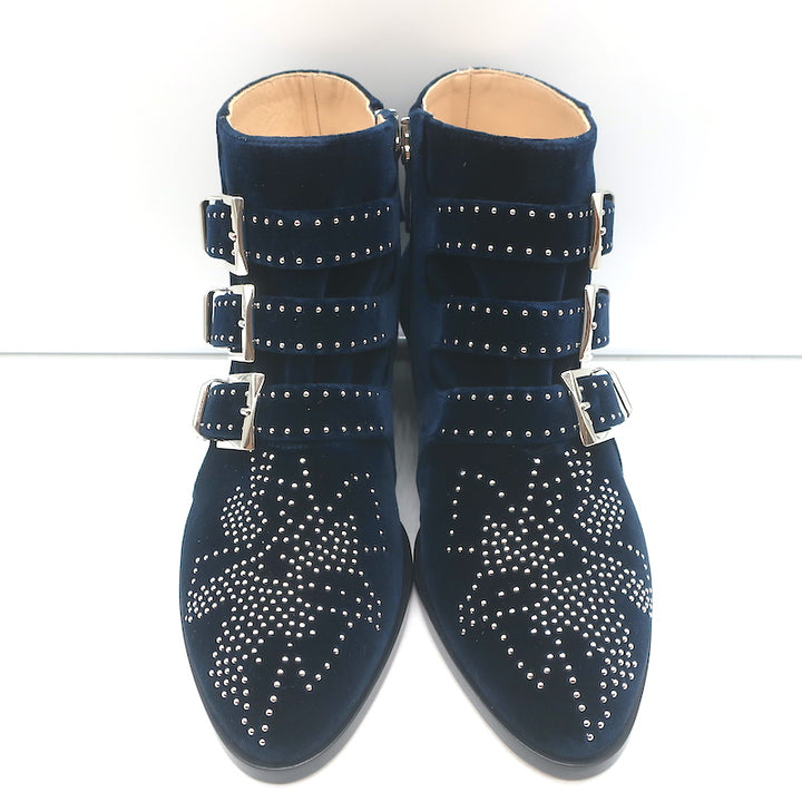 Chloe Susanna Studded Velvet Ankle Boots Navy Size 35.5 Buckle Booties NEW