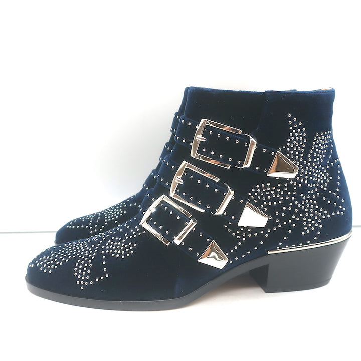 Chloe Susanna Studded Velvet Ankle Boots Navy Size 35.5 Buckle Booties NEW