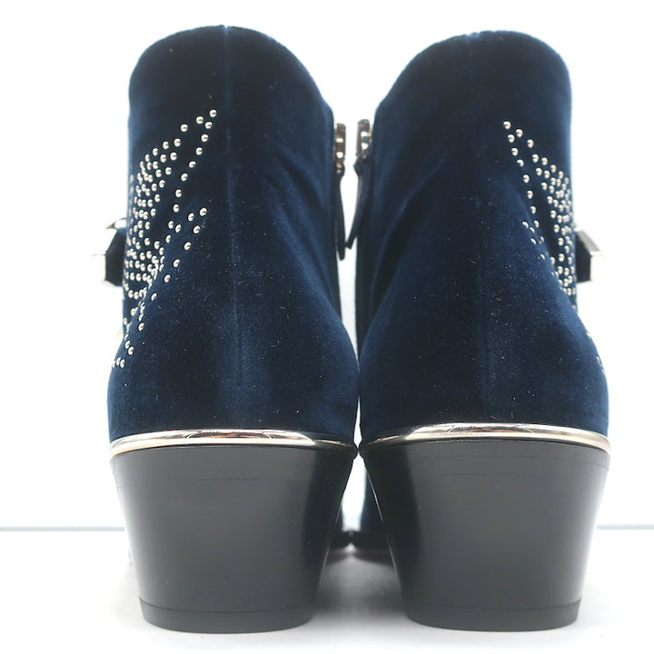 Chloe Susanna Studded Velvet Ankle Boots Navy Size 35.5 Buckle Booties NEW