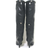 Pre-owned Chanel cap-toe knee-high boots in black leather with CC chain trim, authentic luxury