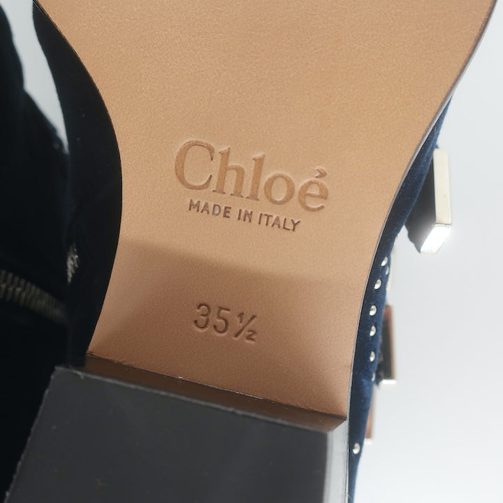 Chloe Susanna Studded Velvet Ankle Boots Navy Size 35.5 Buckle Booties NEW