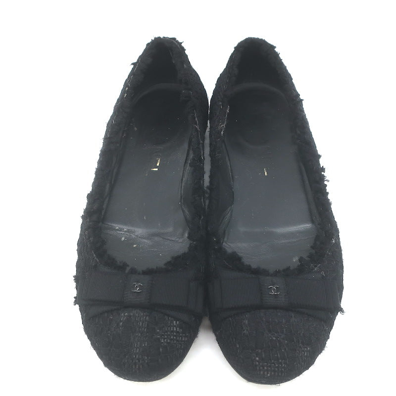 Chanel Tweed CC Bow Ballet Flats Black Size 37